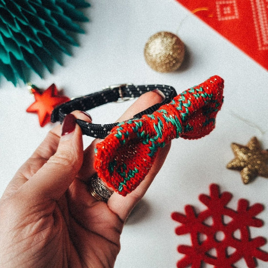 Cat / Tiny Dog Bow Tie: Festive Trees - Wool & Water
