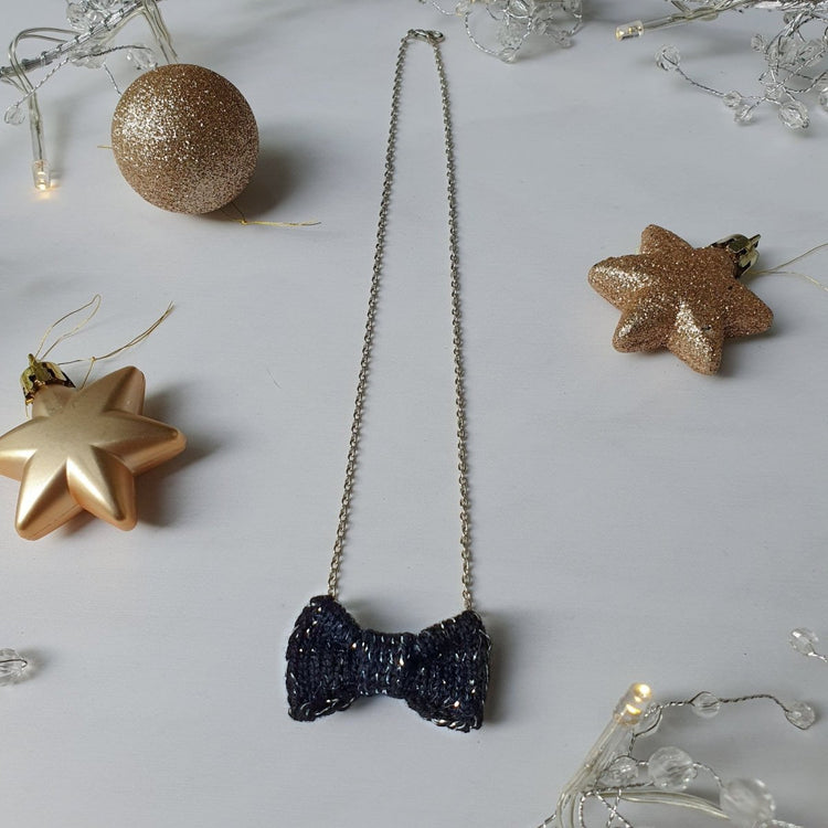 Sparkly Black + Silver Mini Bow Tie Necklace - Wool & Water