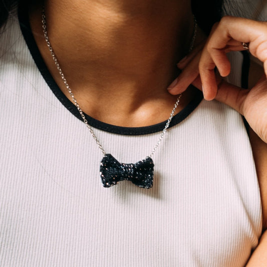Sparkly Black + Silver Mini Bow Tie Necklace - Wool & Water