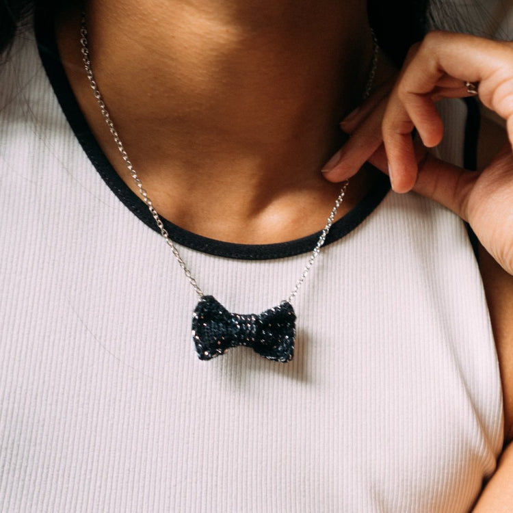 Sparkly Black + Silver Mini Bow Tie Necklace - Wool & Water