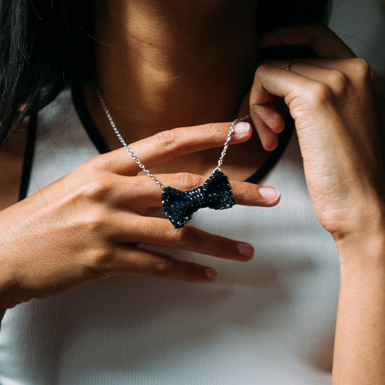 Sparkly Black + Silver Mini Bow Tie Necklace - Wool & Water