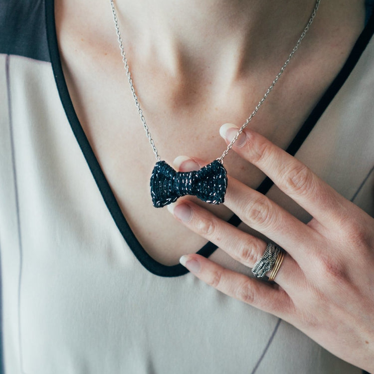 Sparkly Black + Silver Mini Bow Tie Necklace - Wool & Water