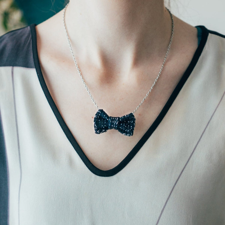 Sparkly Black + Silver Mini Bow Tie Necklace - Wool & Water