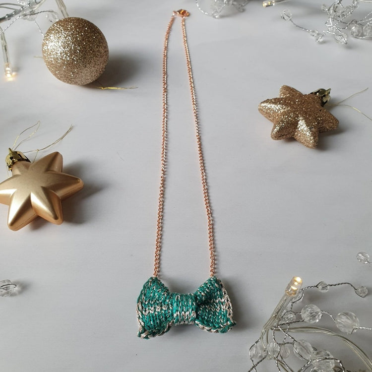 Sparkly Green + Pale Gold Mini Bow Tie Necklace - Wool & Water