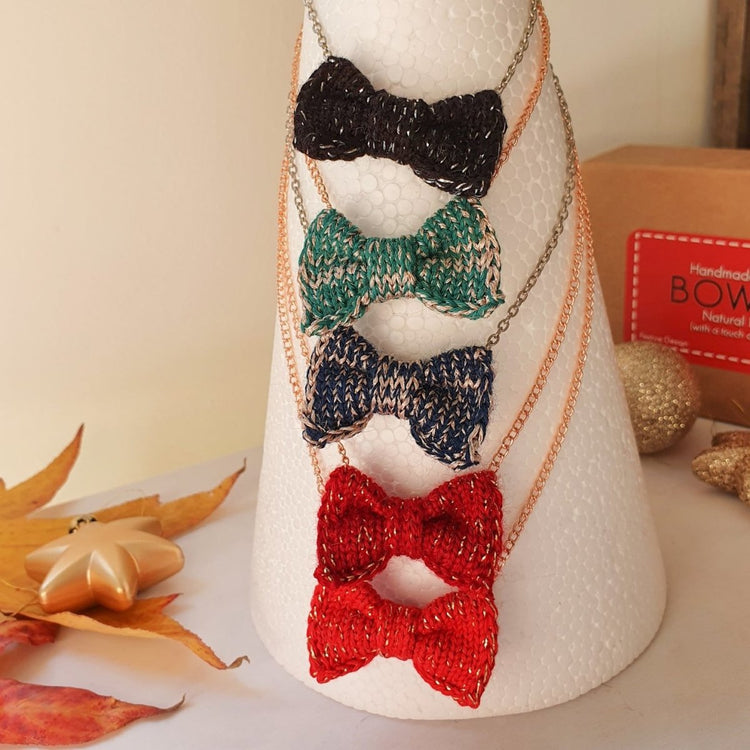 Sparkly Green + Pale Gold Mini Bow Tie Necklace - Wool & Water
