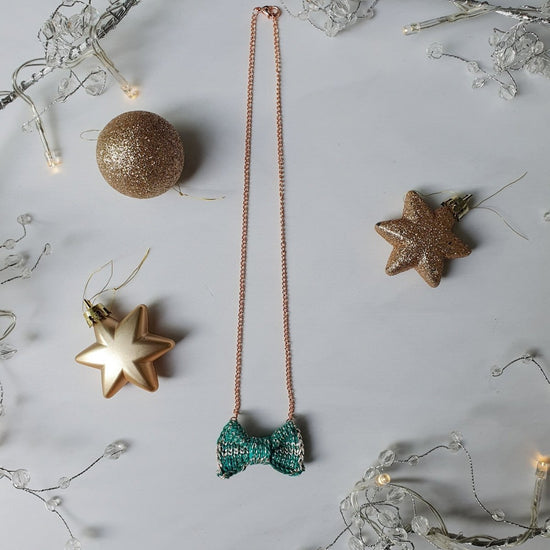 Sparkly Green + Pale Gold Mini Bow Tie Necklace - Wool & Water