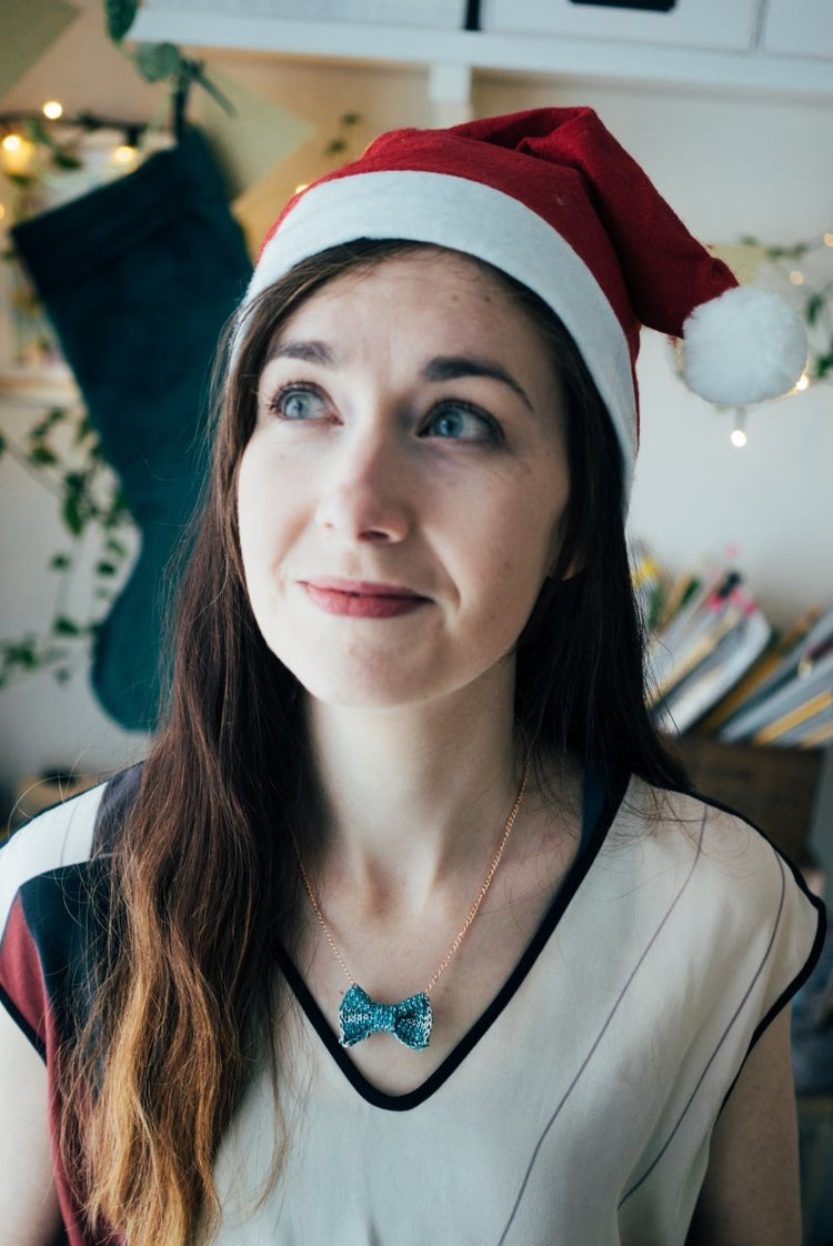Sparkly Green + Pale Gold Mini Bow Tie Necklace - Wool & Water