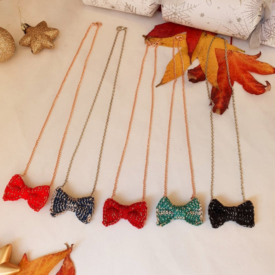 Sparkly Green + Pale Gold Mini Bow Tie Necklace - Wool & Water