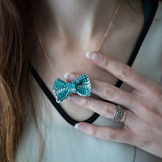 Sparkly Green + Pale Gold Mini Bow Tie Necklace - Wool & Water