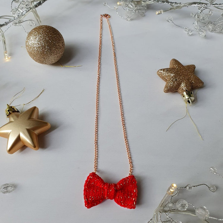 Sparkly Letterbox Red + Gold Mini Bow Tie Necklace - Wool & Water