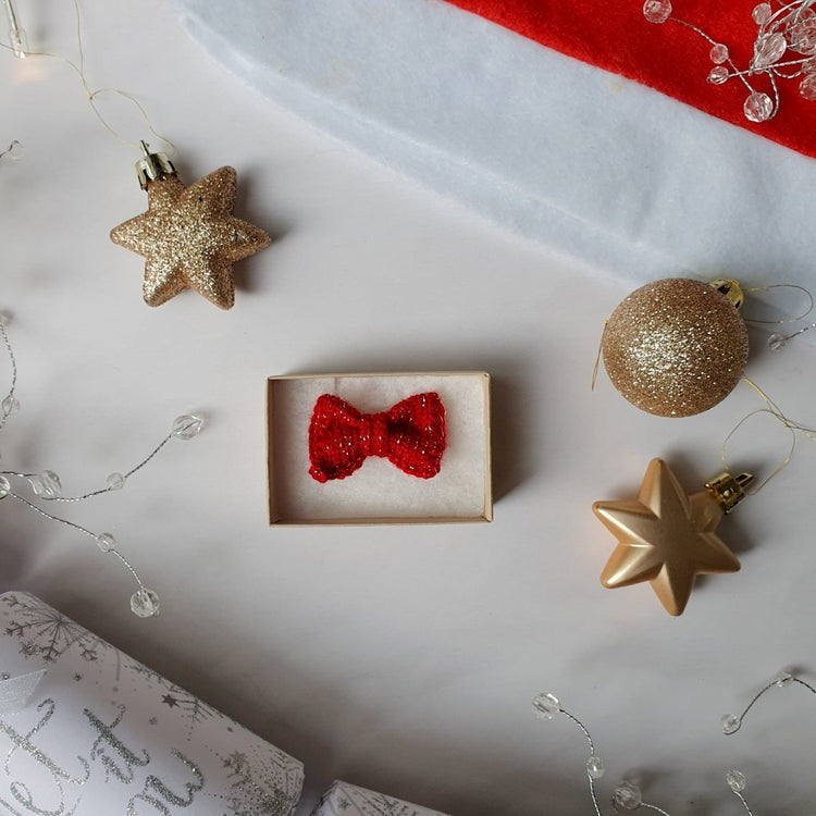Sparkly Letterbox Red + Gold Mini Bow Tie Necklace - Wool & Water