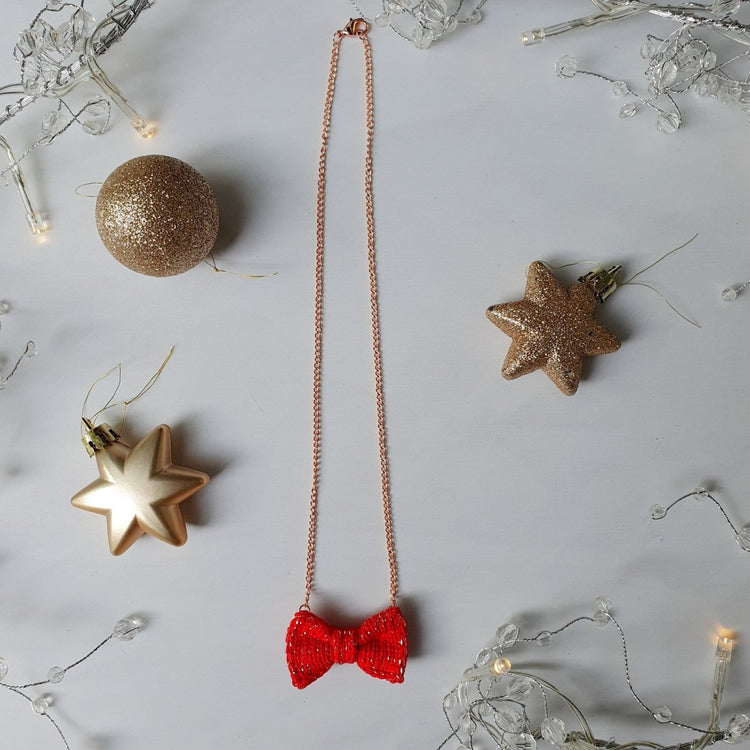 Sparkly Letterbox Red + Gold Mini Bow Tie Necklace - Wool & Water